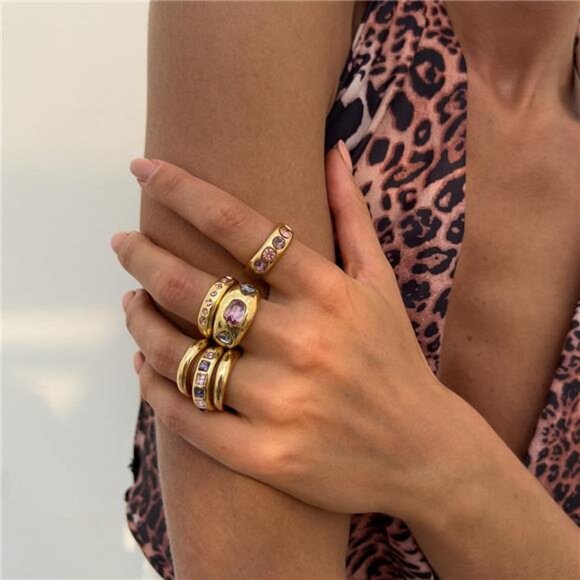 ✨ Chunky Gold Rings Set | Hollow Diamond Adjustable Stackable Statement Rings - Picture 3 of 5
